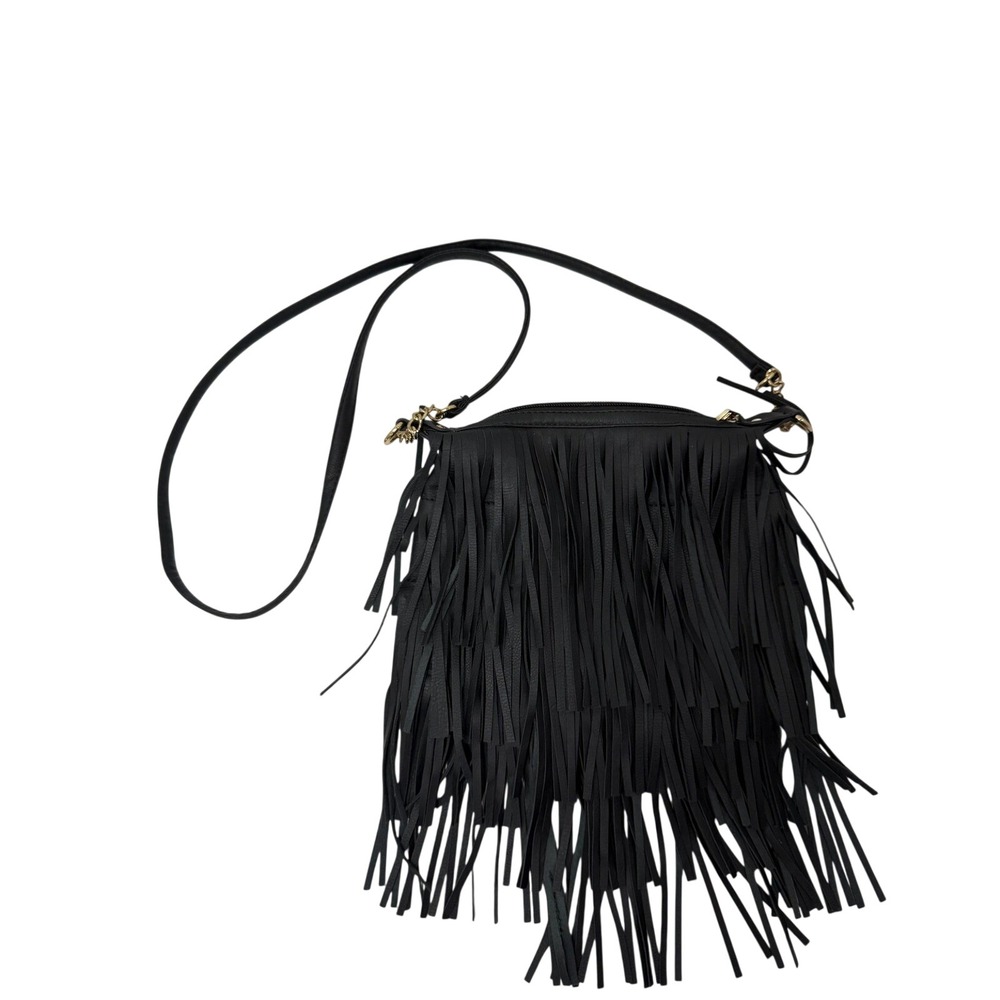 Rue 21 Black Faux Leather Fringe Crossbody Bag Boho Western Moto Streetwear